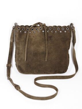 Vanessa Bruno Genuine Suede Dark Brown Crossbody Handbag Scalloped Grommet Studs